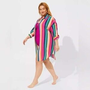 Torrid Open Front Striped Tunic Cover Up 3X Multi Color Rainbow Gauzy Oversized